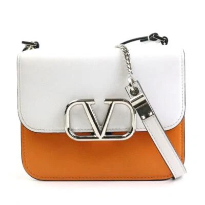 Auténtico Bolso de Hombro Valentino Garavani Logo V Cuero Blanco Naranja Marrón VN02 Foto 1 de 4