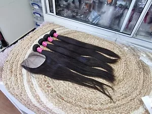 12A STRAIGHT BRAZILIAN VIRGIN HUMAN HAIR 20+20+20+20&20INC 4X4 SILK BASE CLOSURE - Picture 1 of 11