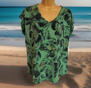Liz Claiborne Floral Green Top Size XL Soft Rayon Poly Blend Tropical Sleeveless - Picture 1 of 8