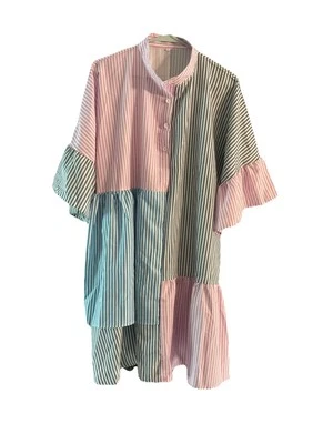 Womens Colors Dress Block Stripe Print Short Sleeve Loose Casual Summer 2XL Boho - Image 1 of 4