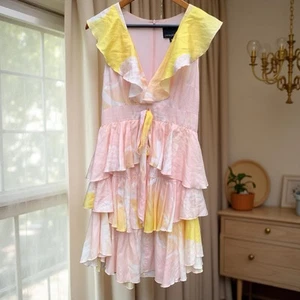 Cynthia Rowley Jet Set Pineapple dress pink and yellow ruffled silk blend 10 - Picture 1 of 4