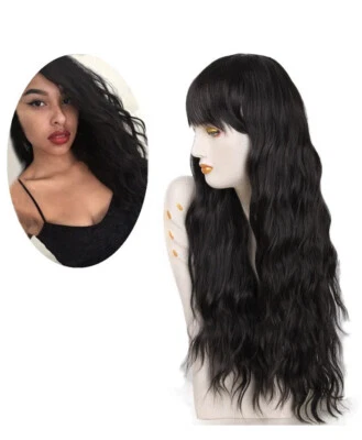 Peluca negra para mujer larga rizada cabello ondulado pelucas negras para niña amigables con el calor Foto 1 de 4