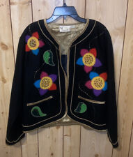Vintage Yak Magik Women's Medium Black Floral Open Front Jacket Wool Blend Coat