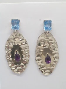 Orecchini in ARGENTO 925 con Pietre Sintetiche - imitazione Acquamarina Ametista - Foto 1 di 5
