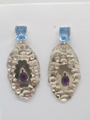 Orecchini in ARGENTO 925 con Pietre Sintetiche - imitazione Acquamarina Ametista - Immagine 1 di 4