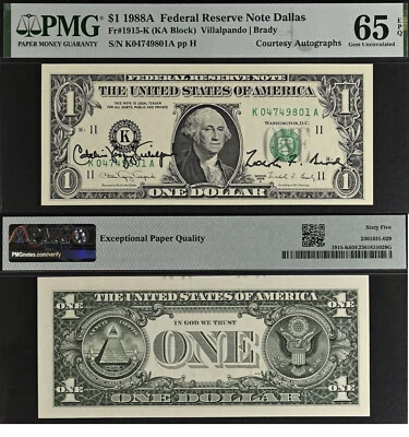 1988A $1 Federal Reserve Note - PMG 65EPQ - Dual Autograph - Villalpand / Brady - Image 1 of 3