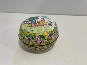 Antique Chinese Qing / Republic Canton Enamel Box w/ 2 Women Floral & Peach Dec. - Picture 1 of 12