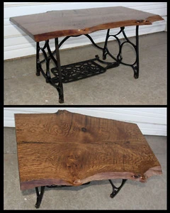 Industrial Live Edge OLD Oak Slab Timber Coffee Table w Iron Sewing Machine Base - Picture 1 of 7