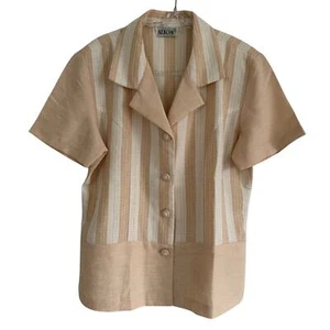 Camicetta Gingham vintage anni 70 con bottoni coperti di Alicia a righe panna grande - Foto 1 di 9