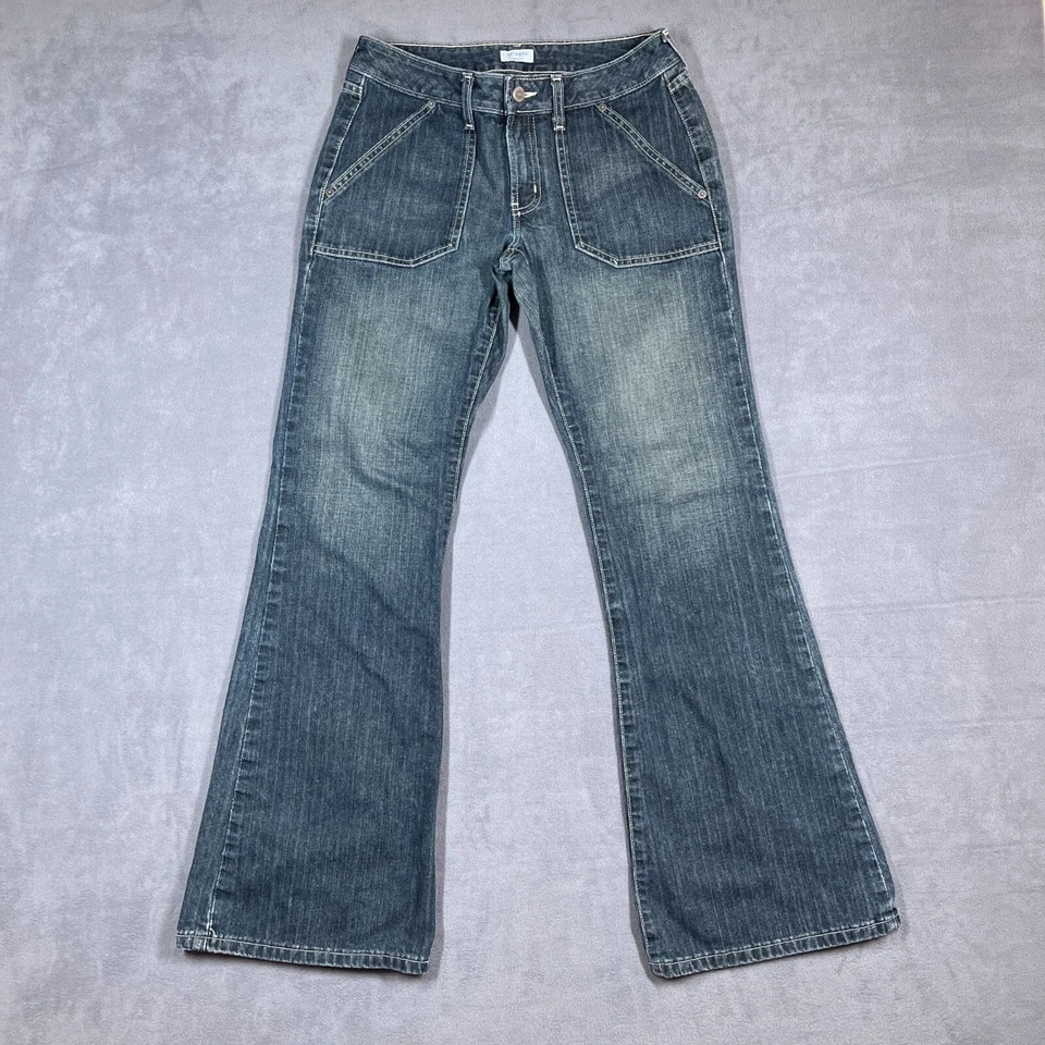 Pantalones de mezclilla halógenos para mujer talla 4 lavado medio tiro bajo acampanados retro Y2K algodón utilitario Foto 1 de 4