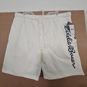 Eddie Bauer Lounge Size L Men's Cream with Navy Blue Logo Shorts Cotton Fleece W - Picture 1 of 12