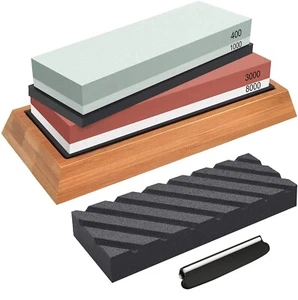 Whetstone Sharpening Stone Set Knife Sharpener 400/1000 3000/8000 Grit w/ Holder - Picture 1 of 9
