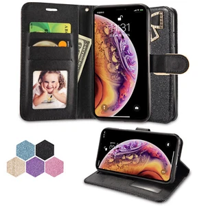 iPhone Xs Max Shiny Leather Sparkle Rhinestone Bling Flip Sparkle Wallet Case - Picture 1 of 12