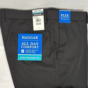 Haggar schwarze Slim-Straight Fit Anzughose vorne flach 38 x30 flexible Taille neu mit Etikett - Bild 1 von 7