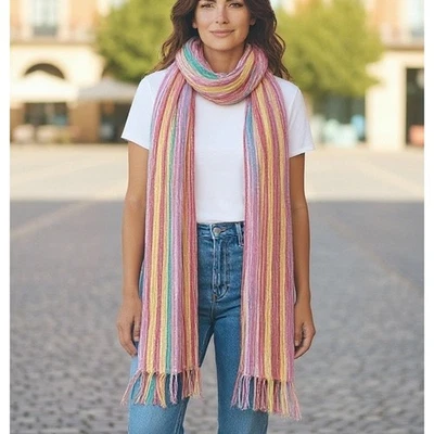 Cejón Bufanda Envolvente Mantón Multicolor Rayas 100% Rayón Flecos Rectángulo India Foto 1 de 4