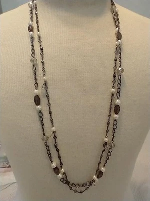 34" PREMIER DESIGNS WHITE PEARL 2 STRAND NECKLACE~GUNMETAL~X SYMBOLS - Image 1 of 4