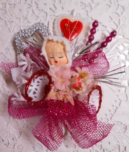 ❤VTG Handmade VALENTINE Sweetheart Girl Corsage Millinery Mercury Glass Ornament - Imagen 1 de 7