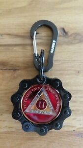 AA Key Chain Keyring Black w/ Carabiner Alcoholics Anonymous Al-Anon Chip Holder
