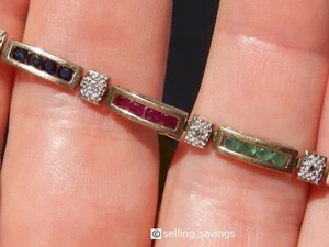 10K YELLOW GOLD RUBY EMERALD SAPPHIRE & DIAMOND TENNIS BRACELET 7.4 INCH LONG - Picture 1 of 6