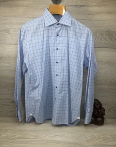 Isaia Napoli * Mens White/Blue Windowpane Checked 100% Cotton Shirt 17 1/2 - 44 - Picture 1 of 13