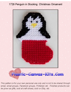Penguin in Stocking Christmas Ornament- Plastic Canvas Pattern or Kit - Imagen 1 de 1