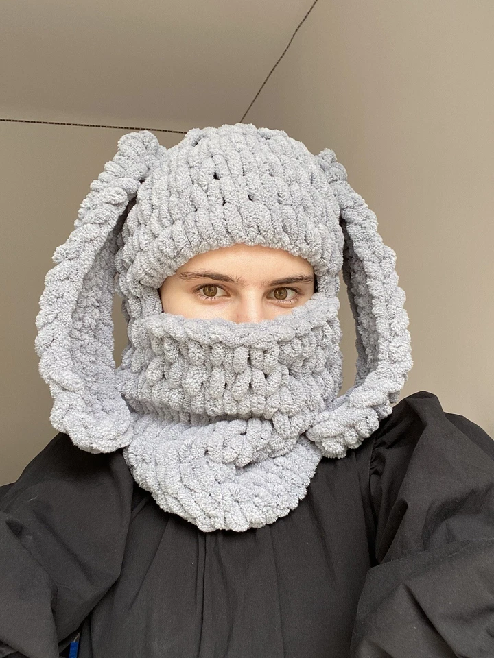 Handmade Plush Knitted Balaclava Ski Mask Bunny Rabbit Style Tiktok - Image 1 of 3
