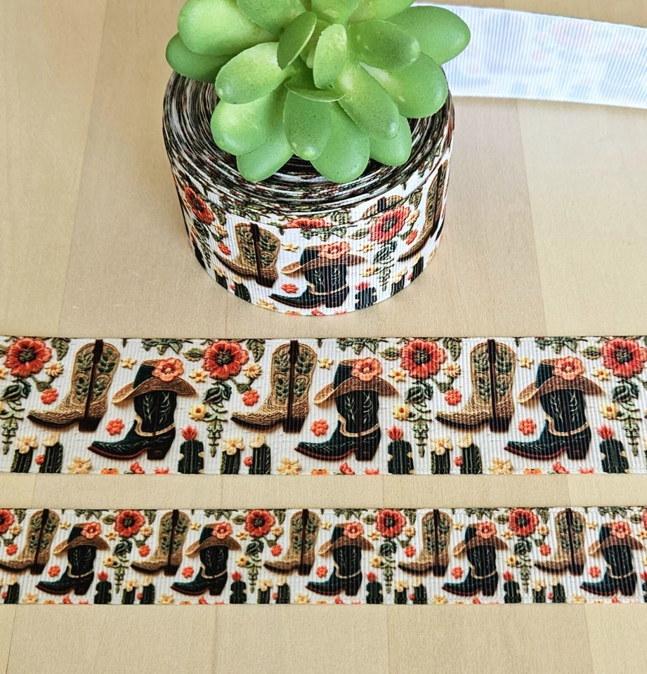 7/8 & 1.5" (1 YD) Cowboy Boots Grosgrain Ribbon Country Western Cowboy Hat  - Image 1 of 1