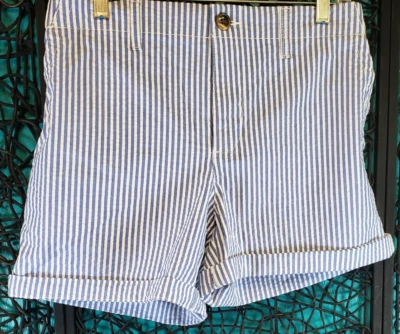 ANTIGUO PANTALÓN CORTO AZUL MARINO MUJER PEQUEÑO AZUL BLANCO RAYAS OG CHINO PUÑOS SEERSUCKER NUEVO Foto 1 de 4