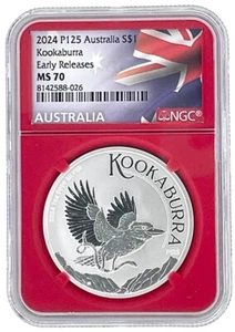 2024 Australia 1oz Silver Kookaburra NGC MS70 ER Red Core - Flag Label - Picture 1 of 2