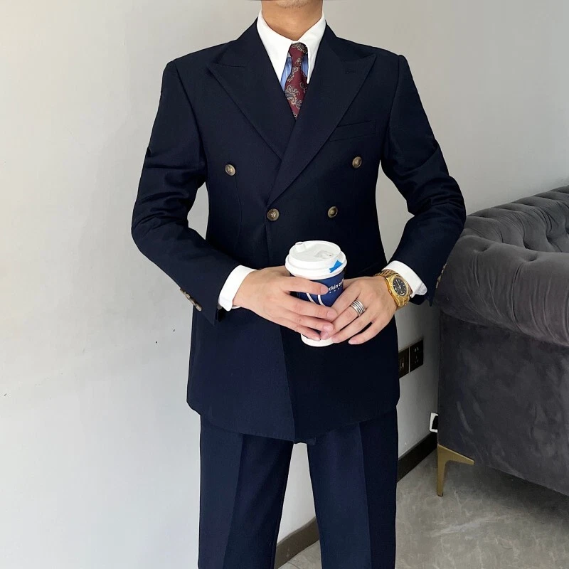 Conjunto de Traje Retro Para Hombre Delgado Doble Pecho Moda Negocios Formal Traje Dos Piezas Foto 1 de 4