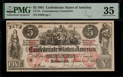 CT-31 $5 1861 Confederate Currency CSA Civil War - Counterfeit - Graded PMG 35 - Image 1 of 2