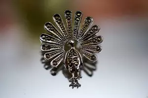 Vintage Silver Metal Peacock Pin/Brooch Marcasite 1950' - Picture 1 of 8
