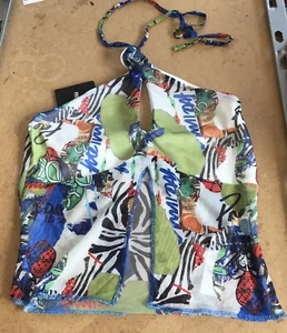 PRINTED MESH HALTER NECK SHIRT TOP SIZE 8 OPEN FRONT UK 8 - Picture 1 of 4