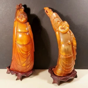 2 set of Chinese hand carved Ox Horn immortal scholar wiseman figurine wood base - Picture 1 of 12