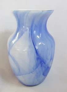 VINTAGE LARGE ART GLASS MULTI COLORS OF BLUE SWIRL ROUND 8" TALL VASE - Picture 1 of 5