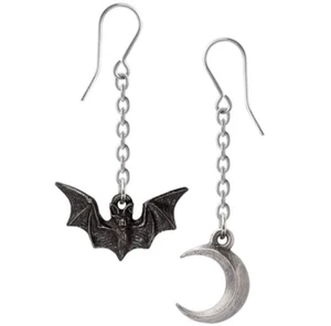 Alchemy Gothic Lunatious Dropper Bat Moon Dangle Chain Hook Earrings Pewter E487 - Picture 1 of 2