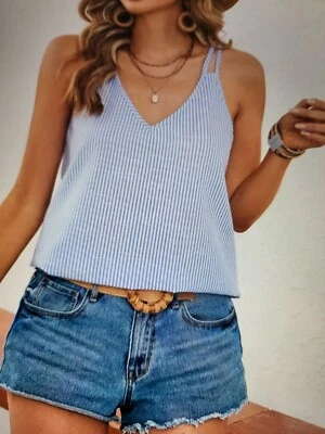 Striped V Neck Double Straps Cami Top Blue Size 16 New - Image 1 of 4