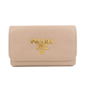 Authentic PRADA Logo Leather 4 Rings Key Case Key Holder Beige 1PG004 Used F/S - Picture 1 of 19