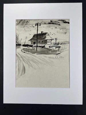 Винтажный рисунок чернилами в народном искусстве Batavia железнодорожный вокзал Нью-Йорка эскиз железной дороги 11x14 дюймов - Изображение 1 из 4