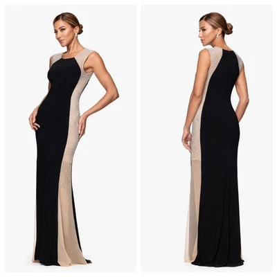 Maxi vestido jersey XSCAPE Madison para mujer 10P negro con cuentas laterales corbata negra brillante Foto 1 de 4