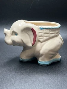 Vintage Shawnee Pottery Blue Red and Cream Trunk Up Elephant and Basket Planter - Picture 1 of 11