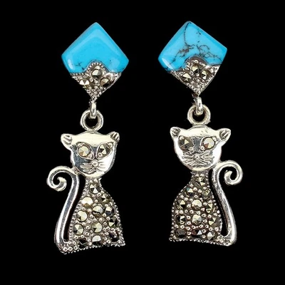 Pendientes de plata de ley 925 corazón turquesa marcasita gato piedras preciosas joyería Foto 1 de 4