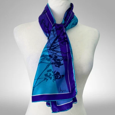 Bufanda oblonga de seda Vera azul verdoso púrpura estampado de árbol de colección años 60 Japón MCM modernista Foto 1 de 4