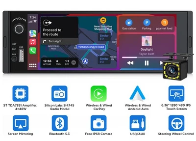 6.36" Single 1 DIN Touch Screen MP5 Apple CarPlay Car Stereo Radio Android Auto - Image 1 of 4
