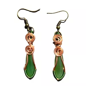 Nephrite Jade Gemstone Dangle Earrings Copper Gift For Mom Wire Wrap Jewelry - Picture 1 of 11