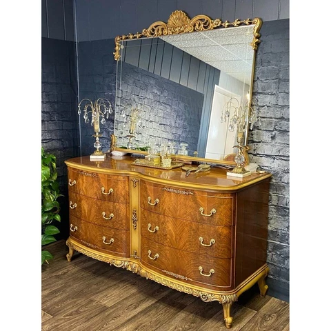 French Provincial style bow front dresser in two-tone walnut with mirror Cover