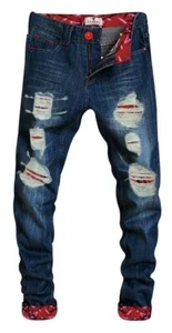 Men Motorcycle Denim Jeans Zipper Skinny Casual Ripped Stylish Slim Fit Pants - Picture 1 of 37