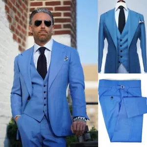 Herrenmode 1/2/3-Teiler Blau Anzug Vintage Smoking Hochzeit Jacke Weste Hosen - Bild 1 von 12