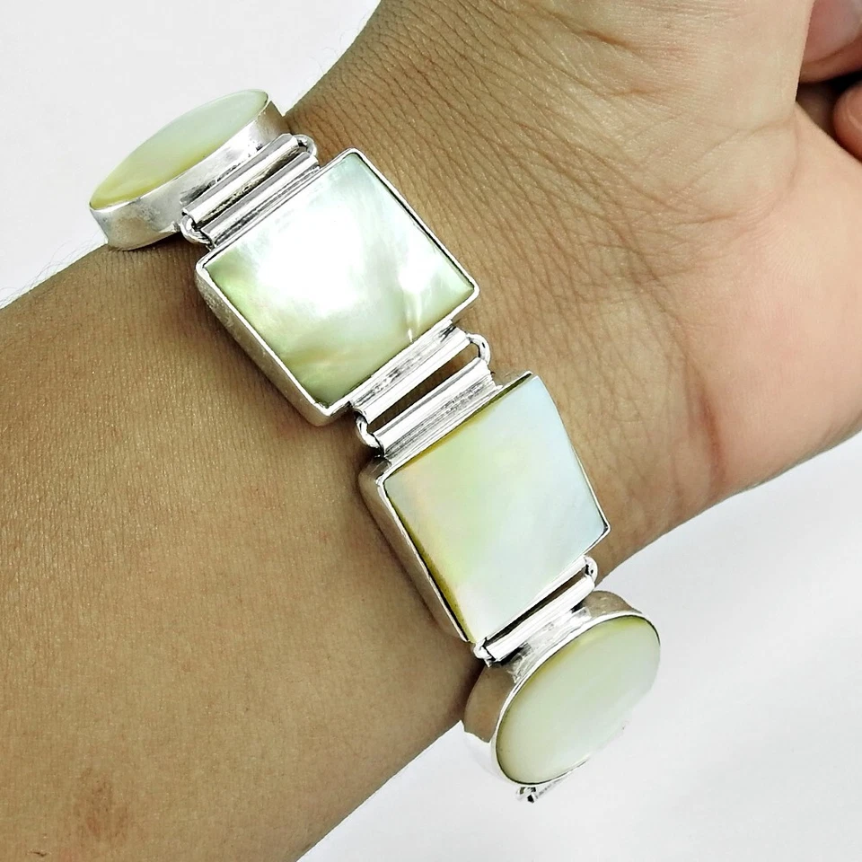 Christmas Gift Natural Mother Of Pearl Ethnic Bracelet 925 Sterling Silver C13 - Image 1 of 4