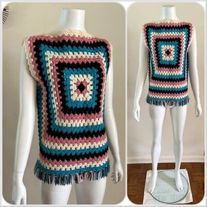 1970 Handmade Granny Square Afghan Pullover Crochet Fringe Sweater Mod 60s VTG - Picture 1 of 21